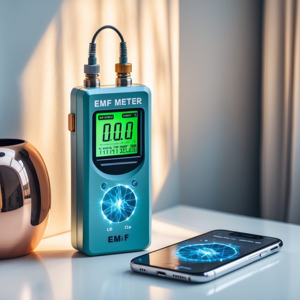 Türkisfarbenes EMF-Messgerät mit grünem Display neben Smartphone auf weißer Fläche.