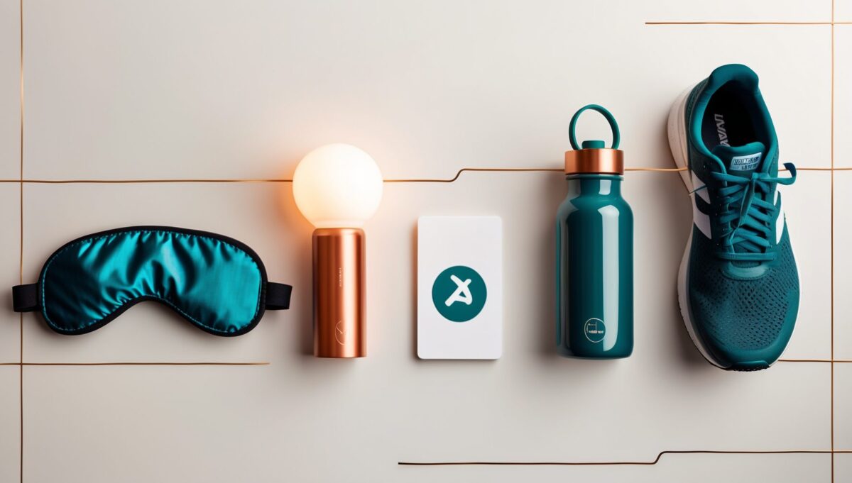 Five objects symbolizing the biohacking pillars—sleep, light, EMF, hydration, and movement—on a clean white surface.