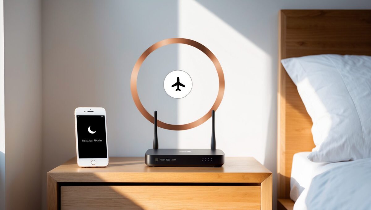 Bedroom scene showing practical EMF reduction by keeping the phone away and using airplane mode.