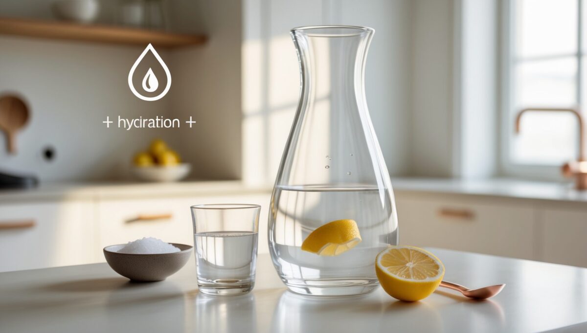 Clean hydration setup with glass water, sea salt minerals, and lemon in a bright minimalist kitchen.