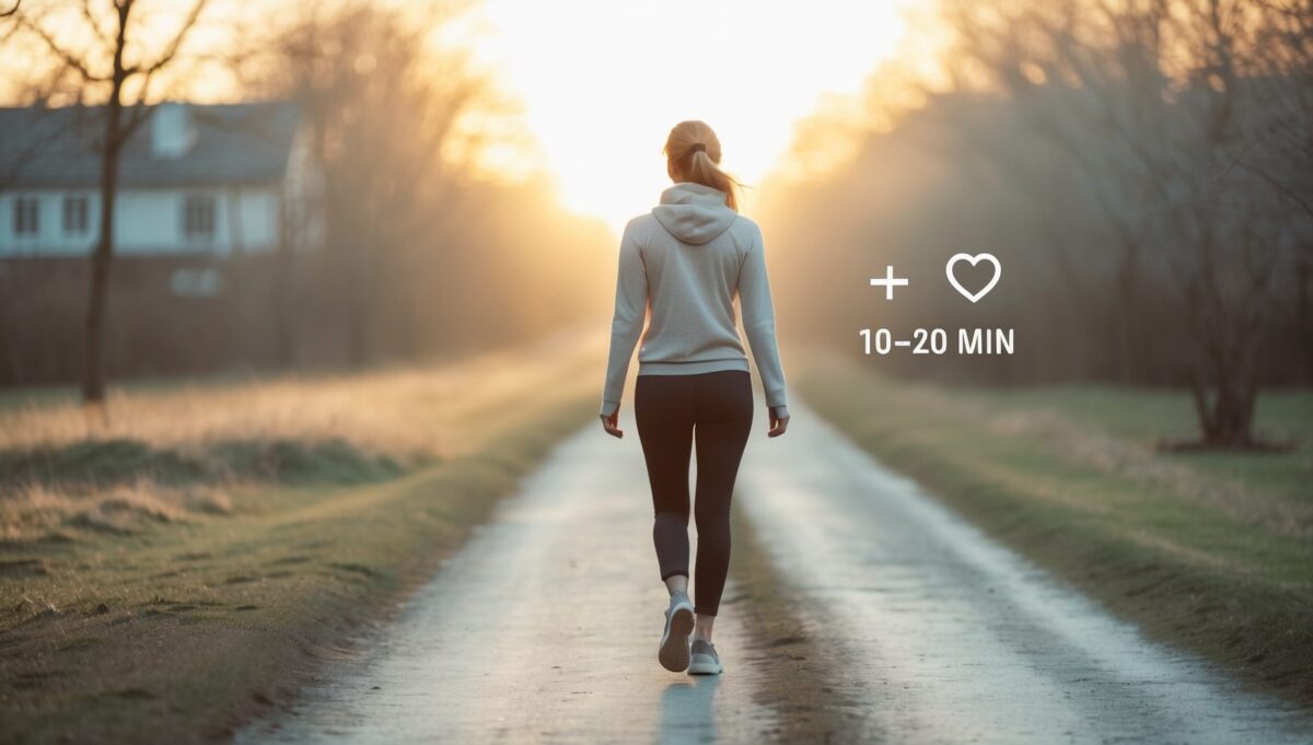 Person taking a calm morning walk at sunrise with a subtle timing overlay for circadian-friendly movement.