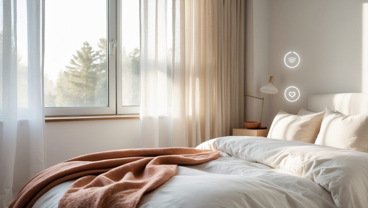 Bright minimalist bedroom optimized for sleep with warm white bedding and soft morning light, no electronics visible.