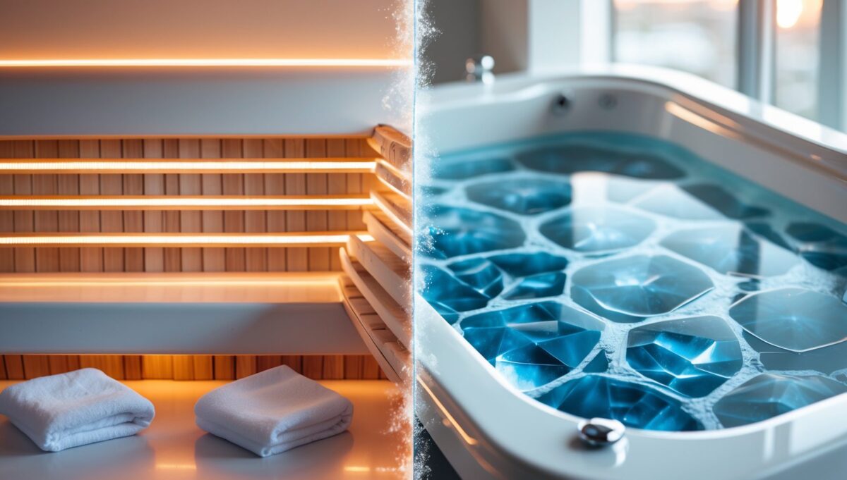 Geteiltes Bild: Bernsteinfarbene Infrarotsauna links und blaues Eisbad rechts.