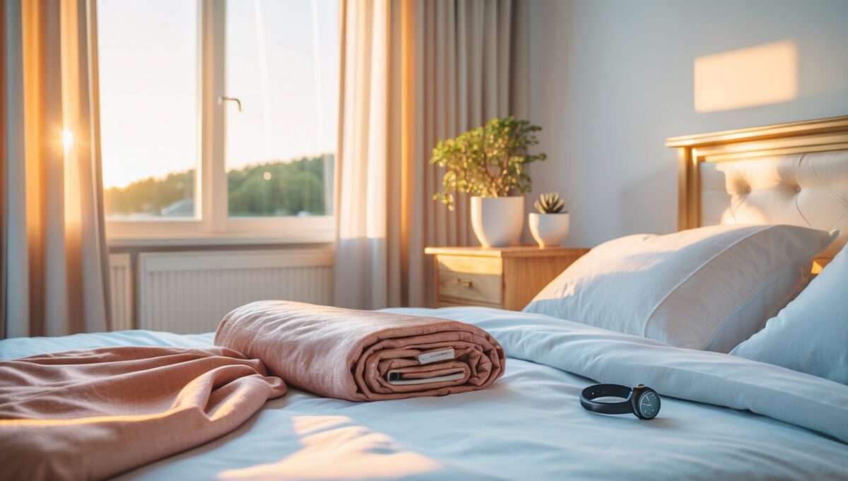 Minimalistisches weißes Schlafzimmer mit kupferfarbener Decke, goldenem Licht und Oura Ring auf Nachttisch.