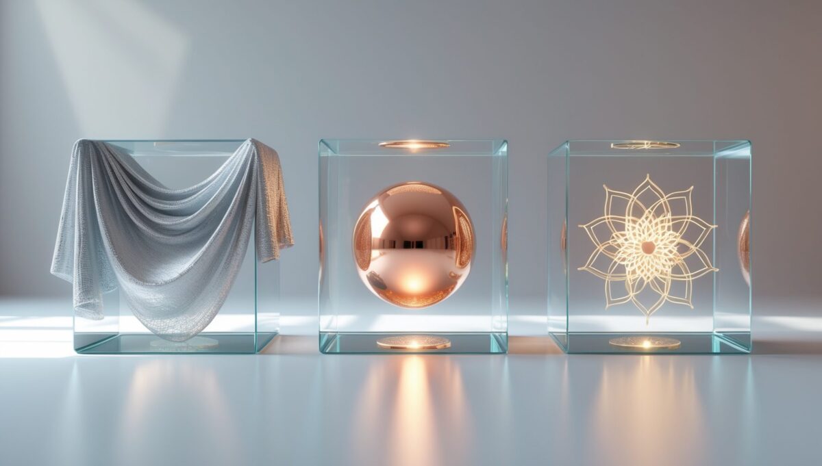 Drei Glaswürfel nebeneinander mit Silberstoff, leuchtendem kupfernem Orb und geometrischem Mandala.