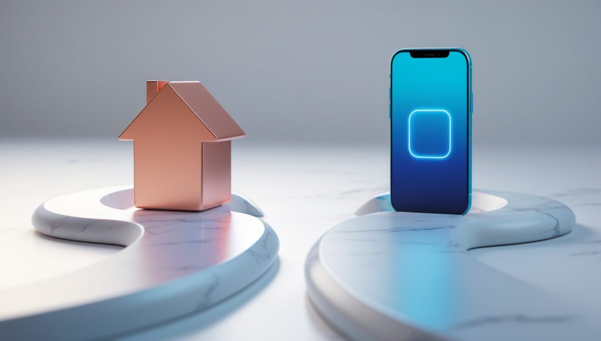 Minimalistische weiße Marmorweggabelung führt zu kupfernem Haus-Symbol und blauem Smartphone-Symbol.