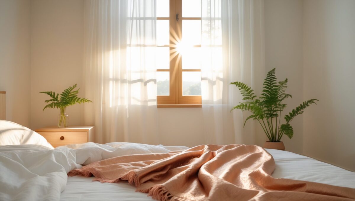 Ruhiges minimalistisches Schlafzimmer in weißen Tönen mit kupferfarbenen Akzenten und sanftem Morgenlicht.