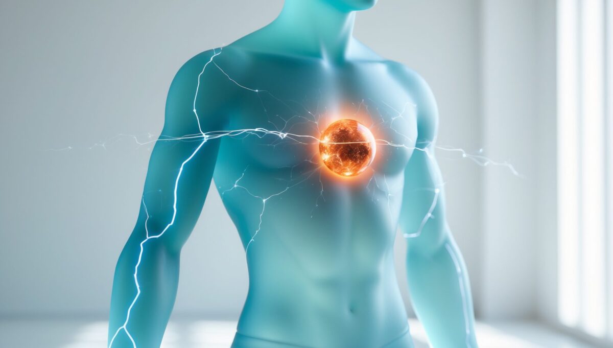 Mattglas-Silhouette eines Menschen mit innerem kupferfarbenem Leuchten, umgeben von blauen elektromagnetischen Linien.