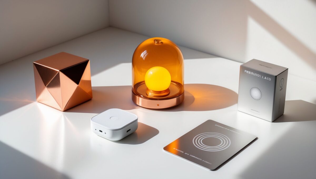 Produktaufstellung verschiedener EMF-Schutzgeräte auf weißer Oberfläche.