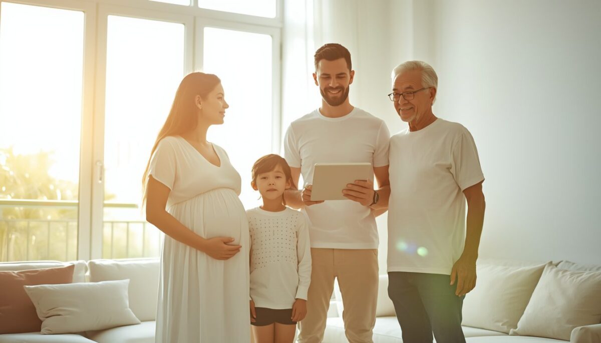 Diverse Familiengruppe in hellem weißem Raum, umgeben von schützender bernsteinfarbener Aura.