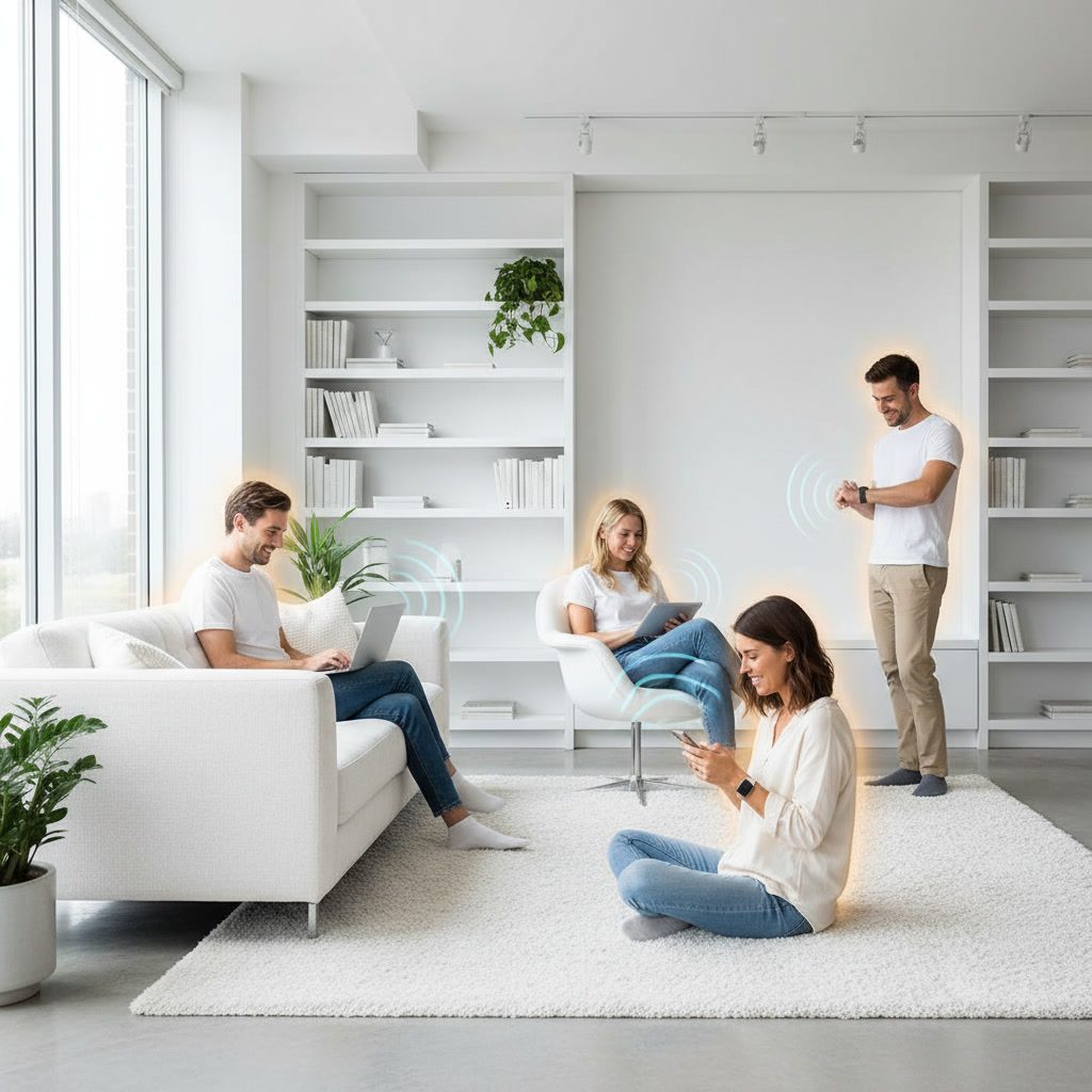 Vier Personen in hellem Raum mit Geräten, umgeben von schützendem bernsteinfarbenem Leuchten.