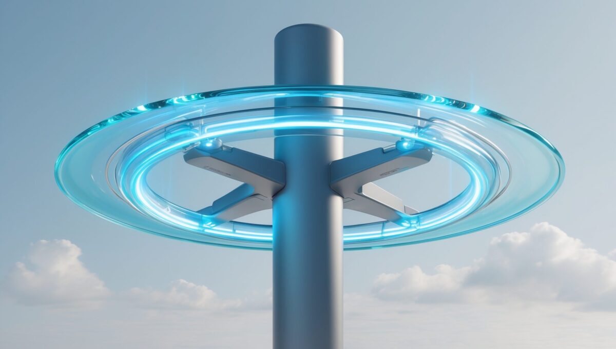 Mattglas-Mobilfunkmast mit blauen Wellen und kupferfarbener Schutzkuppel