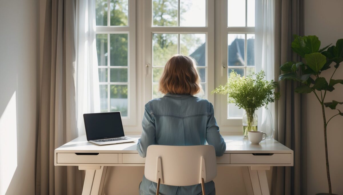 Person am hellen Schreibtisch mit geschlossenem Laptop, Tee und Pflanze in ruhiger Atmosphäre