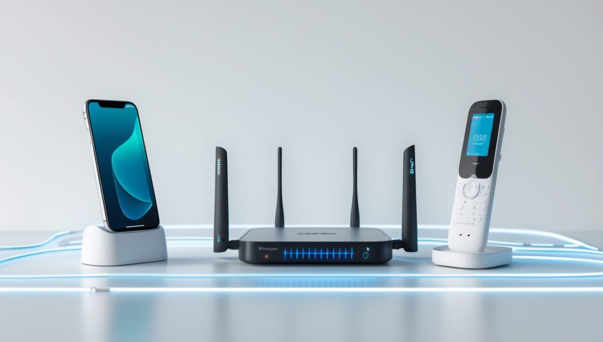 Smartphone, WLAN-Router und Schnurlostelefon auf weißem Tisch mit blauen EMF-Linien