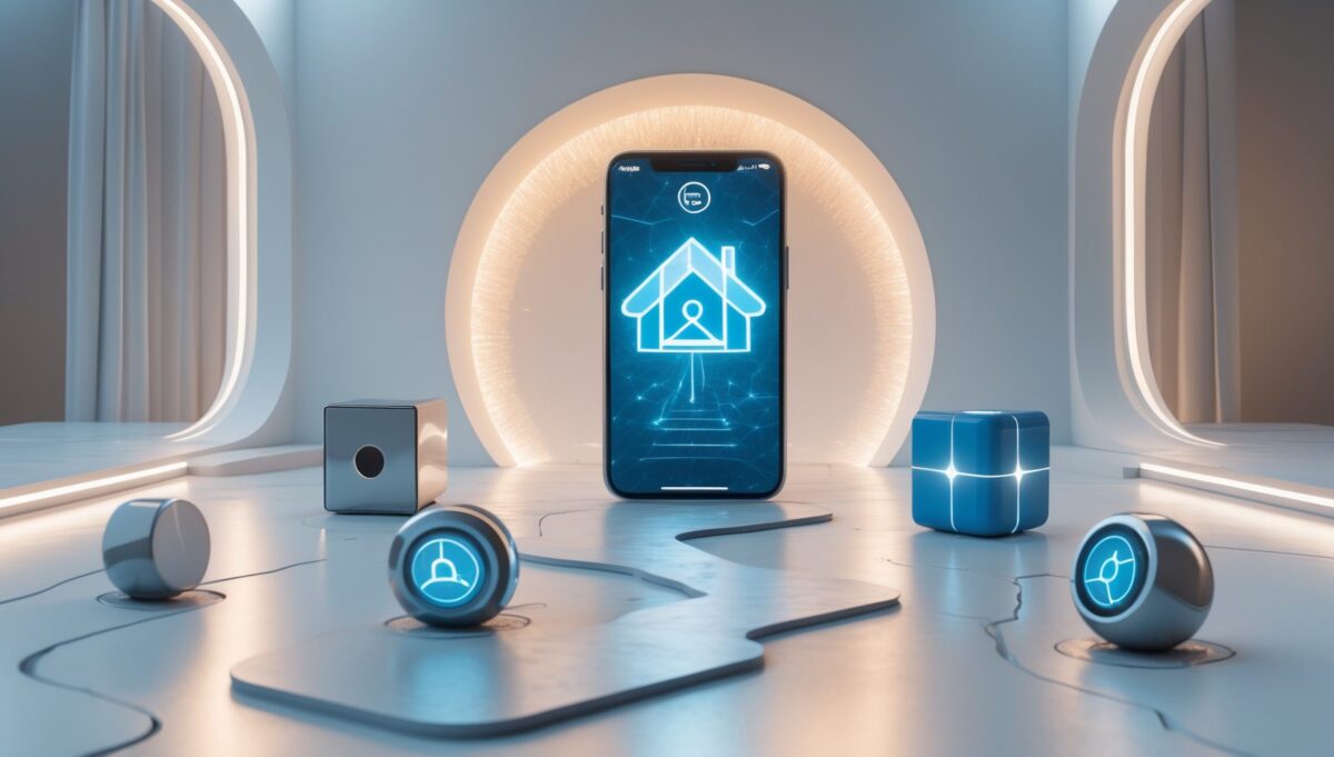 Minimalistische weiße Marmorgabel mit Wegen zu Kupferhaus und blauem Smartphone