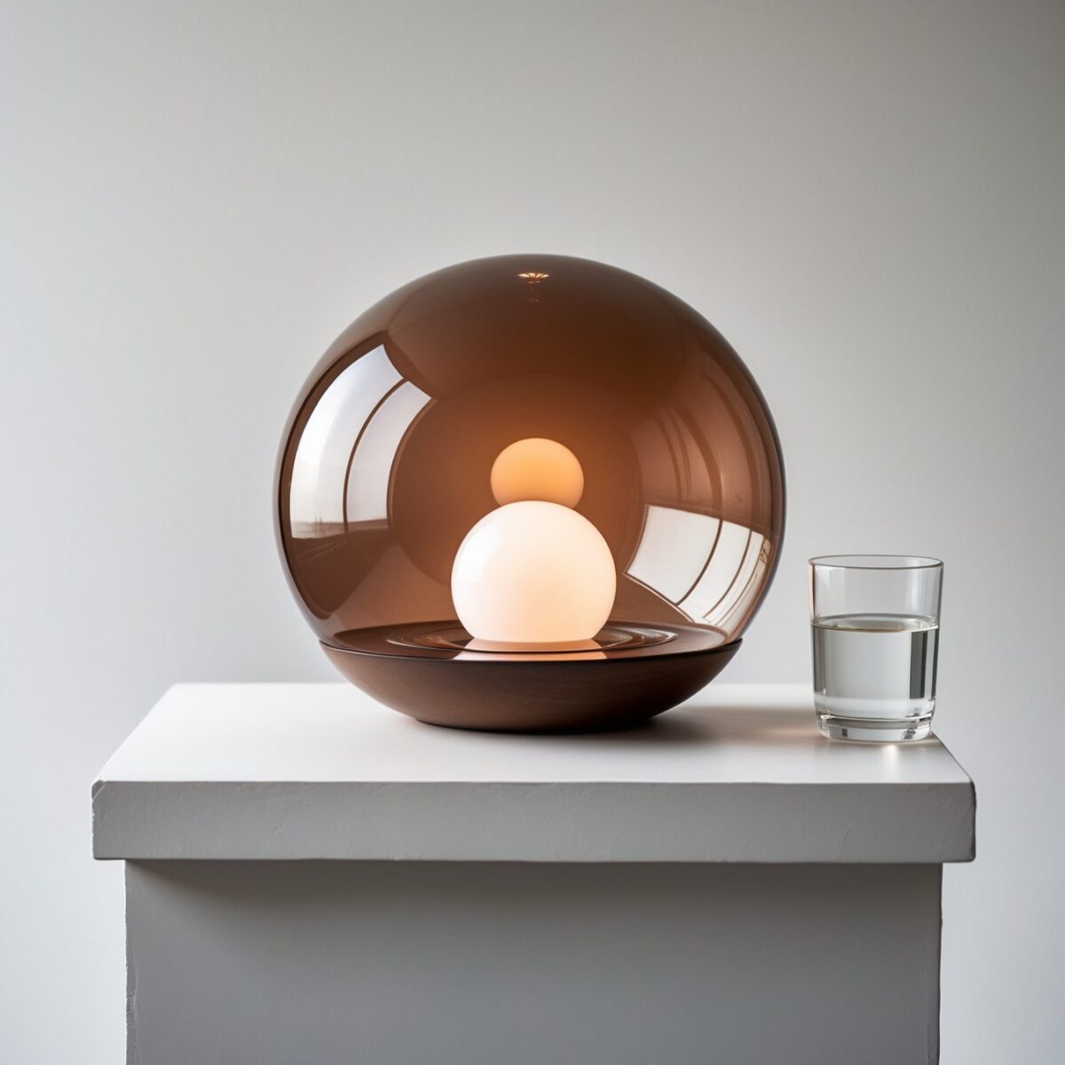Glasdomlampe mit warmem Bernsteinglühen auf weißer Oberfläche neben Wasserglas