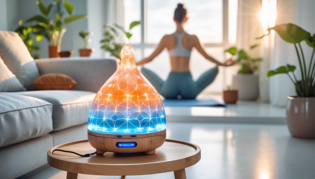 Harmonisches Wohnzimmer mit leuchtendem Gerät, Pflanzen, Morgenlicht und Person beim Yoga im Hintergrund.