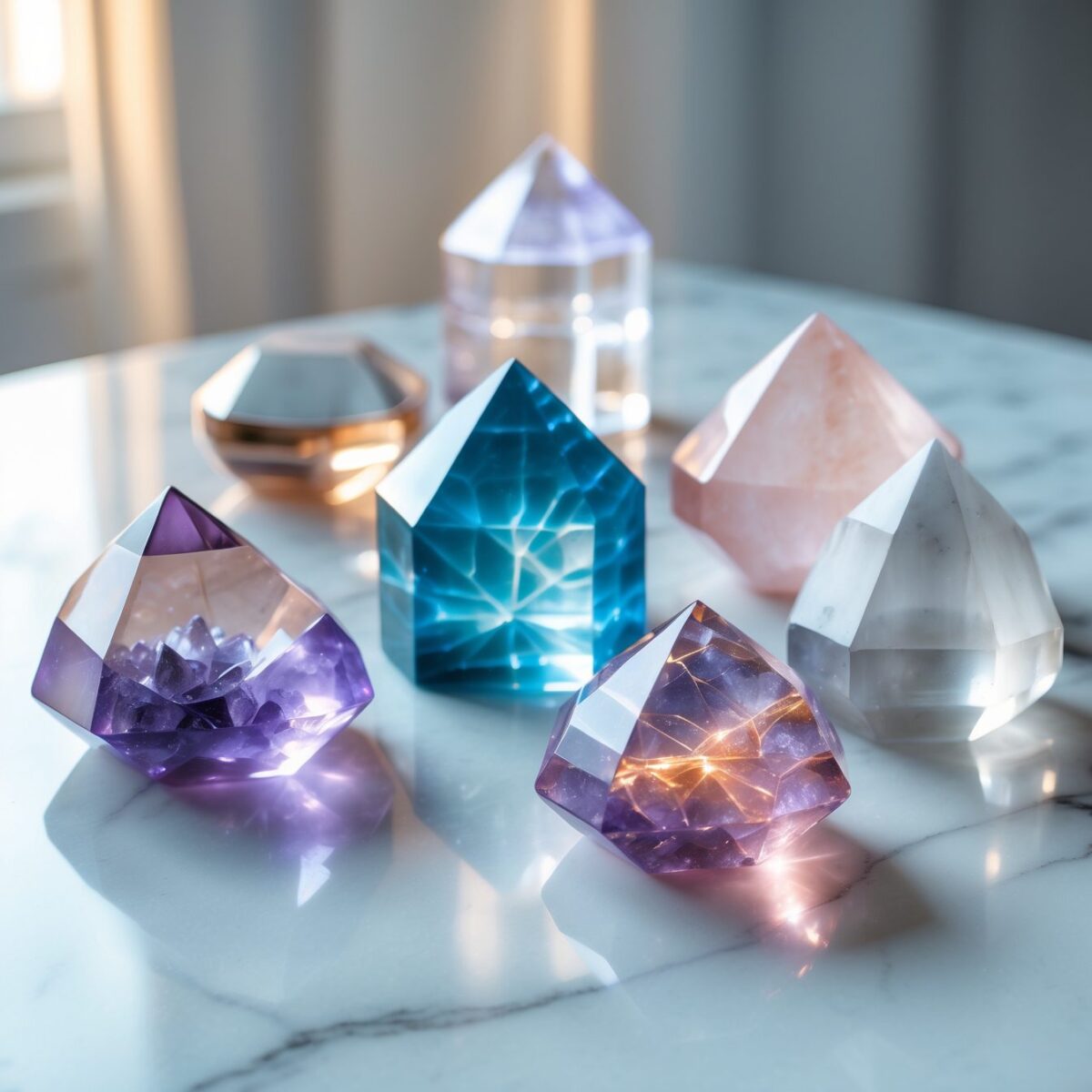 Nahaufnahme von polierten Kristallen auf weißer Marmoroberfläche mit subtilem Leuchten.