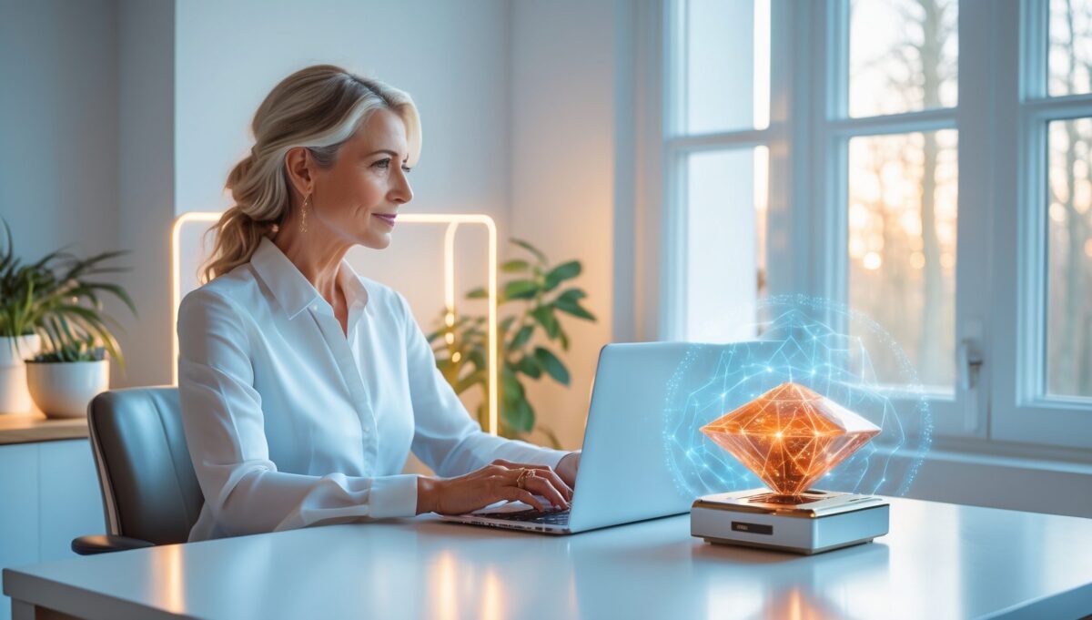 Frau arbeitet friedlich an weißem Schreibtisch mit leuchtendem Quantenenergie-Gerät und natürlichem Licht.
