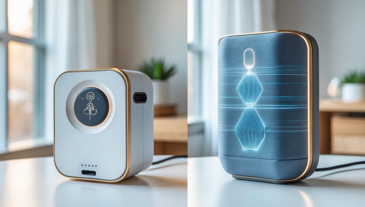 Nebeneinander-Vergleich zweier moderner Geräte auf weißem Tisch mit Studiolicht.