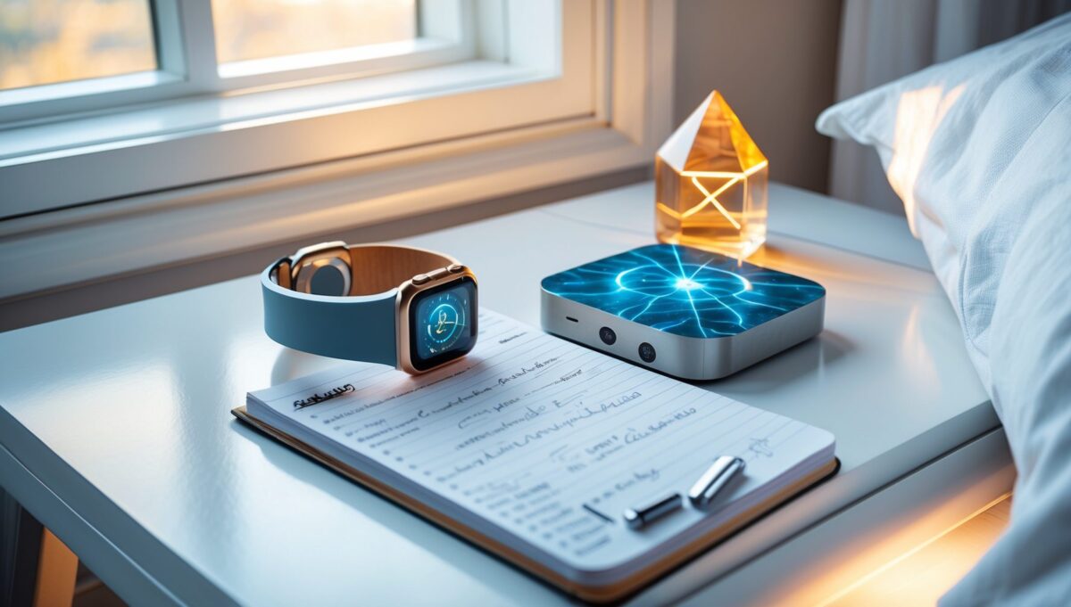 Smartwatch und leuchtendes Gerät auf weißem Nachttisch mit Morgenlicht und Notizbuch.