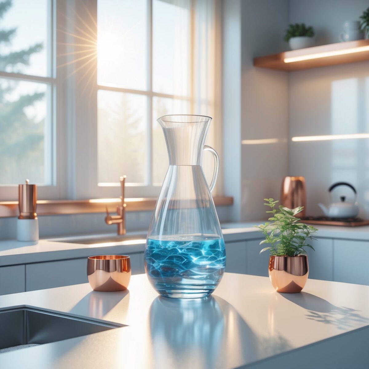 Minimalistische Küchenarbeitsplatte mit Glaskaraffe voll Wasser in sanftem Morgenlicht, kleine Kupfer-Pflanze daneben.
