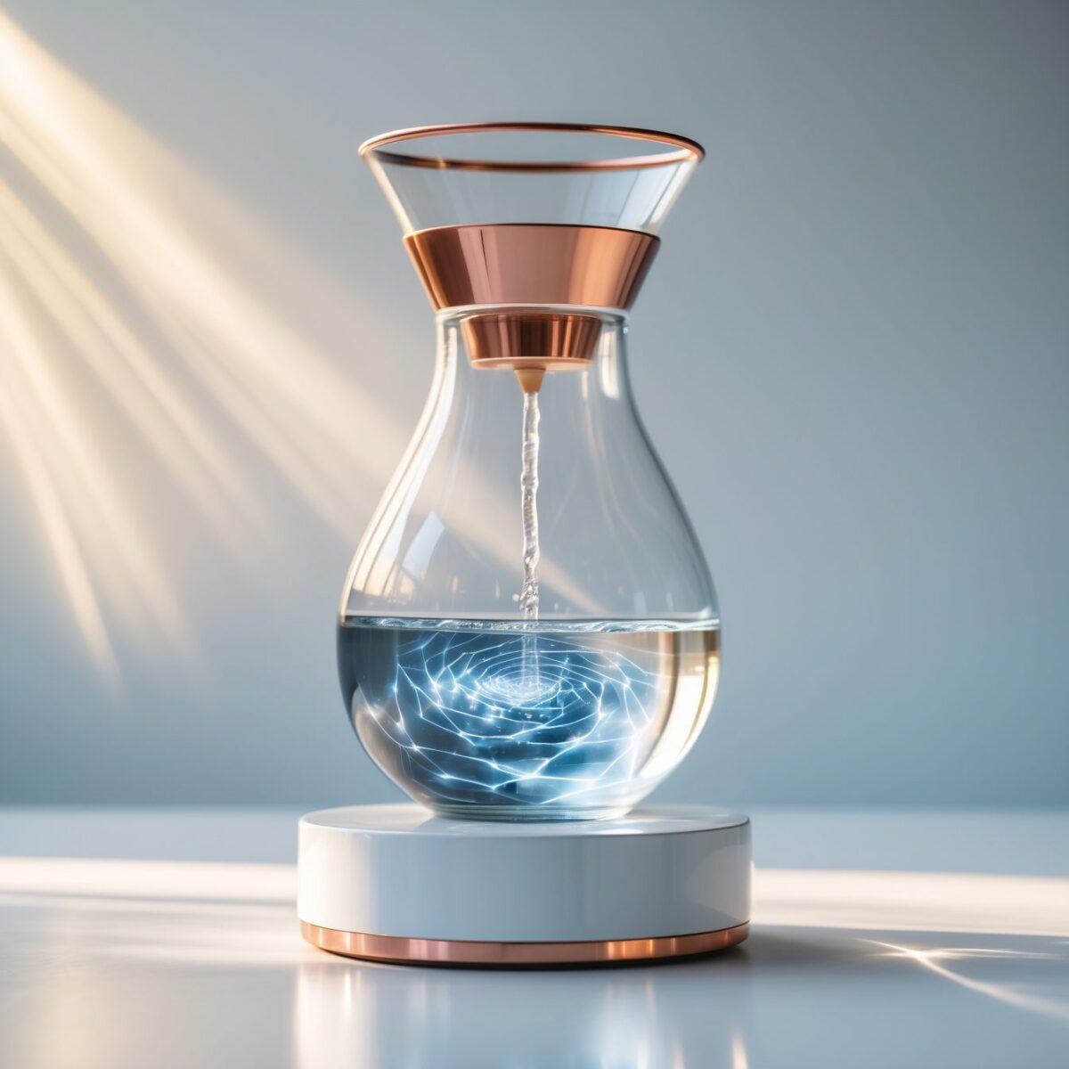 Elegante Wasserverwirbelungskaraffe auf weißer Keramikbasis mit kupferfarbenen Akzenten.