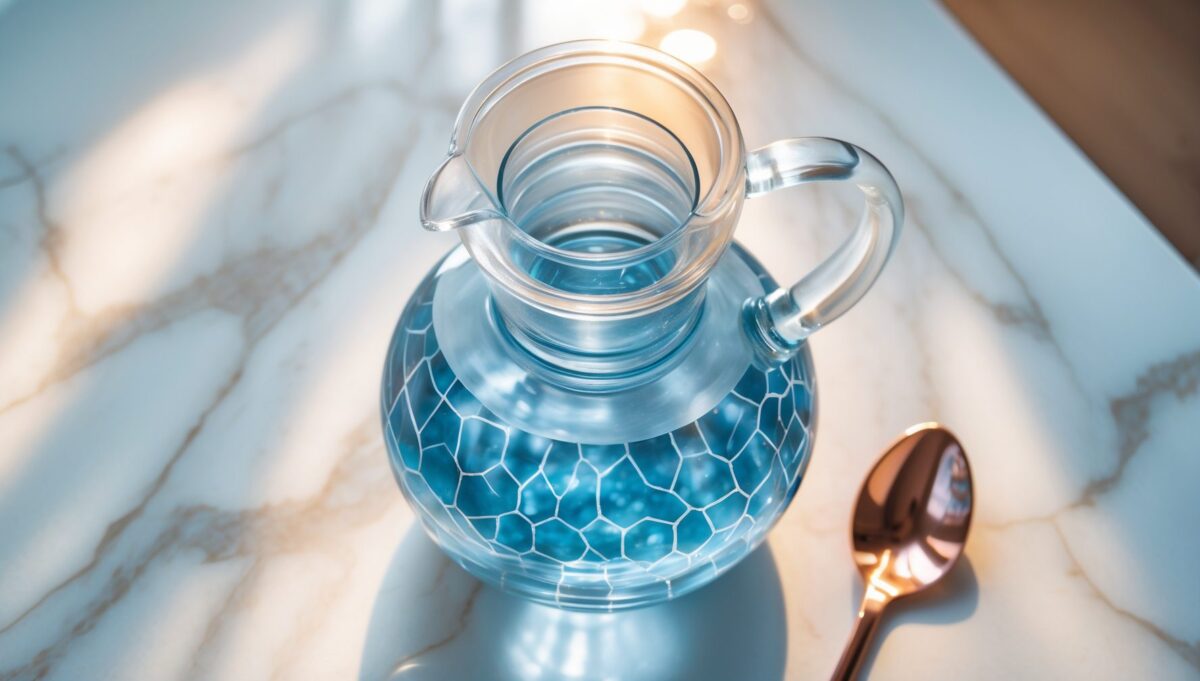 Glaskaraffe mit klarem Wasser auf weißer Marmorplatte mit Kupferlöffel und hexagonalem Muster.