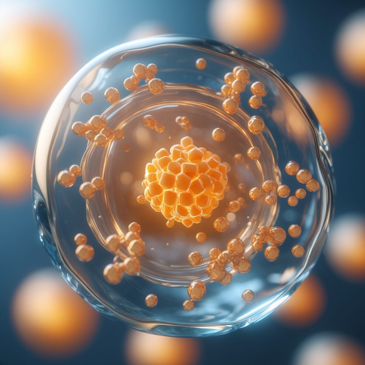 Translucent cell with glowing hexagonal water molecules passing through aquaporin channels