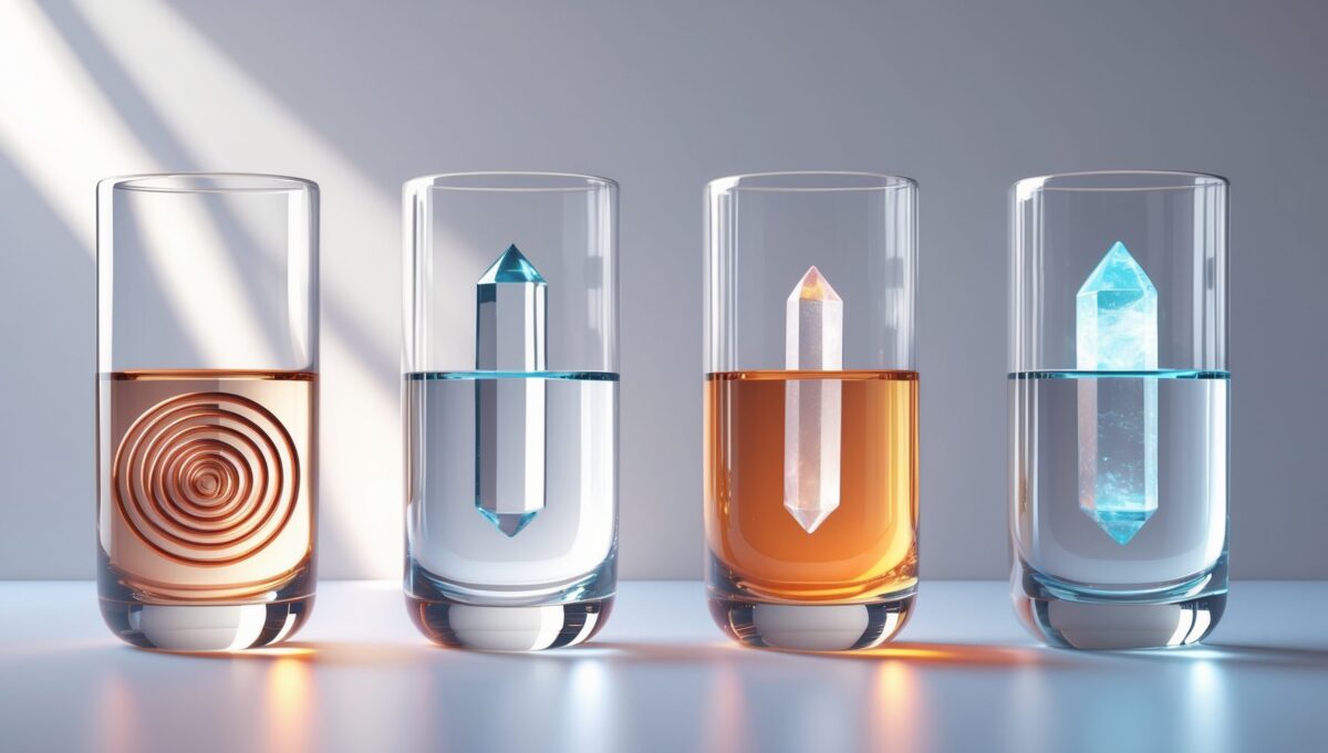 Four glass containers showing vortex device, crystal, infrared light, and magnetic field methods