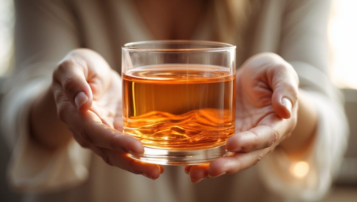 Hands holding a glass of glowing amber water against soft, bright background light