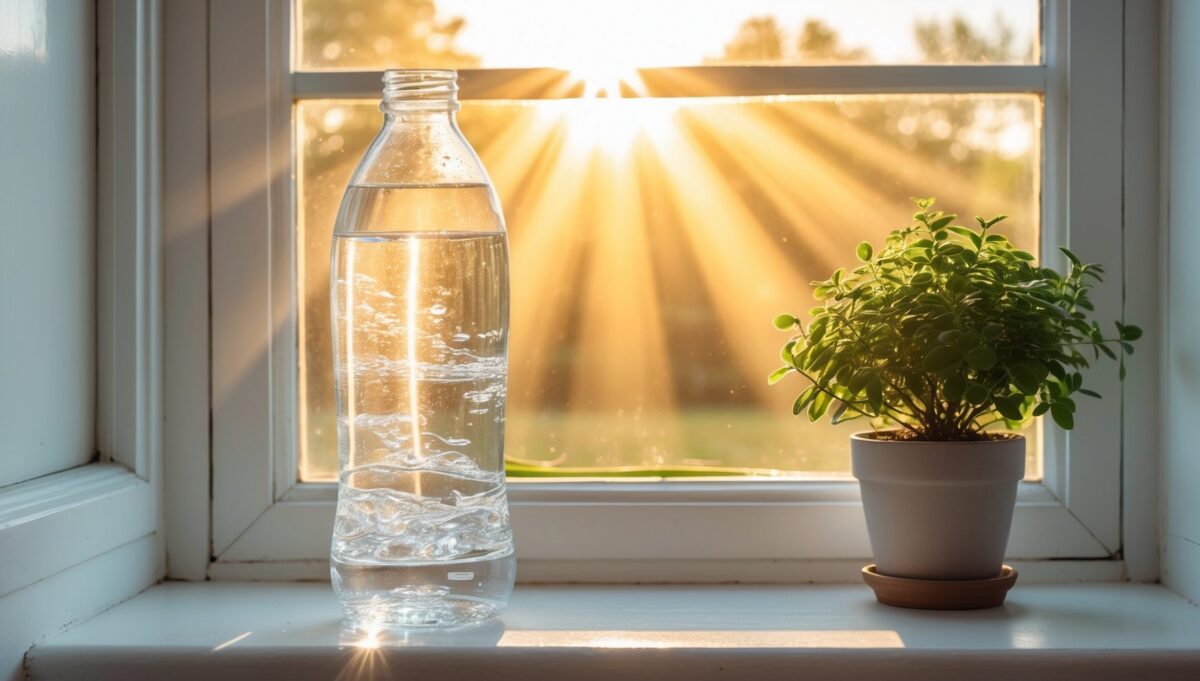 Clear glass bottle of water on white windowsill with golden morning sunlight streaming through