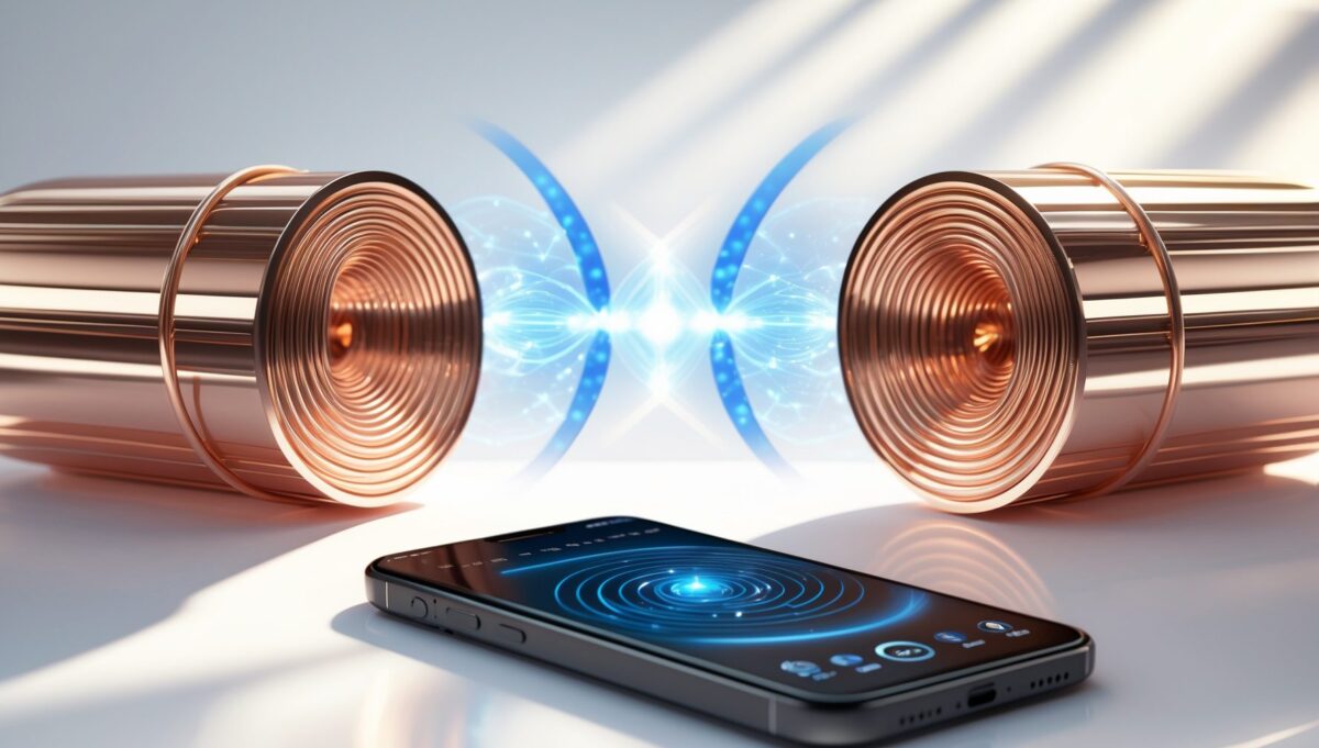 Two copper electromagnetic coils creating geometric light patterns between them with smartphone app nearby