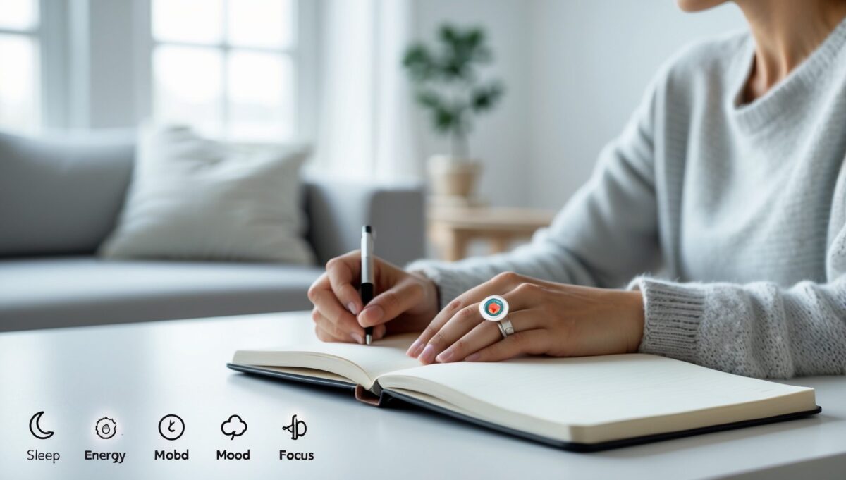 Person tracking sleep, energy, mood, and focus with a simple journal and wearable in a calm minimalist room.