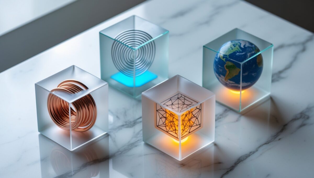 Four glass cubes containing scalar waves, electromagnetic coil, frequency card, and Earth with Schumann resonance
