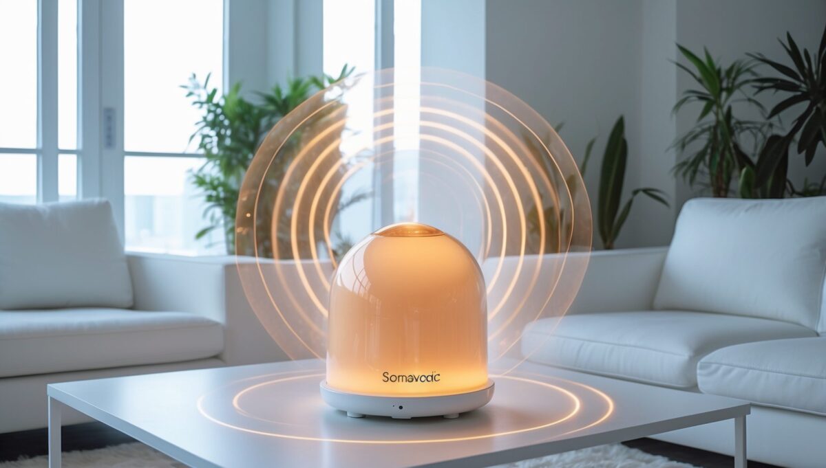Modern white living room with glowing amber dome device creating subtle protective field throughout space