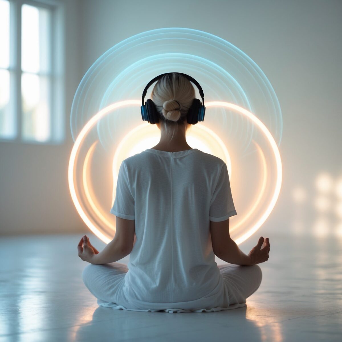 Person in headphones meditating with translucent blue and amber sound waves in minimalist white room