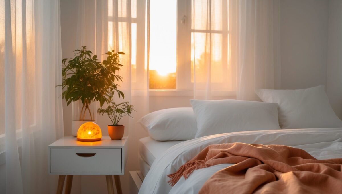 Minimalist white bedroom at golden hour with glowing amber quantum device and subtle protective aura