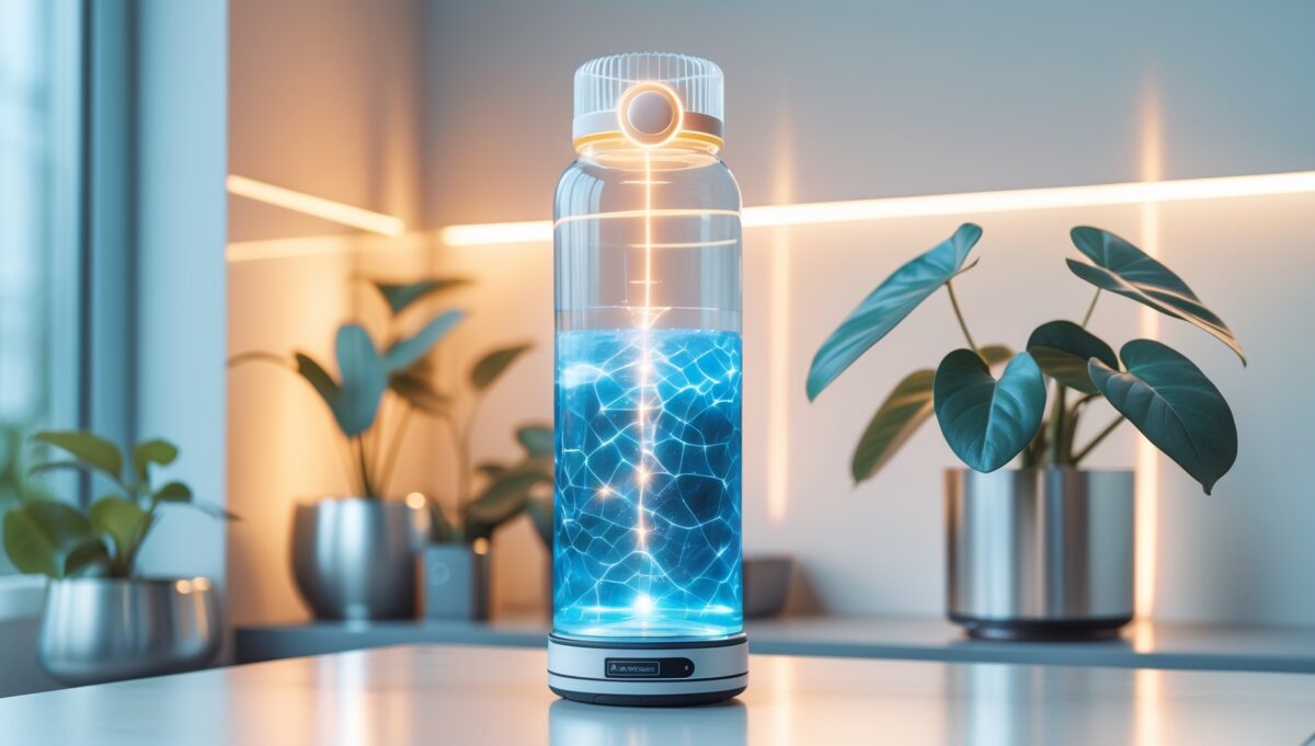 Ooho Portable Wasserflasche mit LED-Lichttherapie und Vibrationstechnologie auf weißer Oberfläche in natürlichem Licht