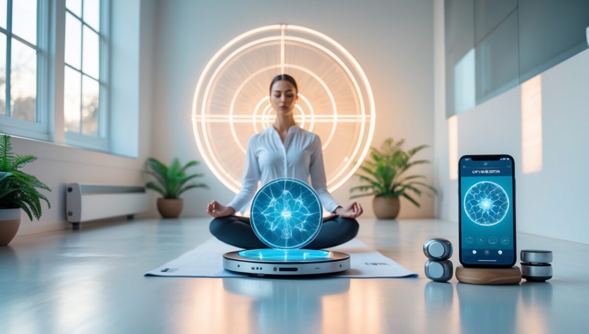 Qi Life PEMF therapy coil in use during meditation session in modern wellness room
