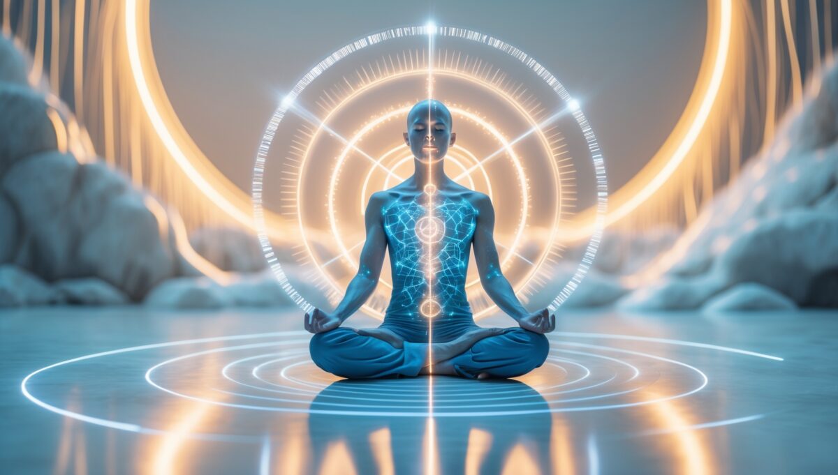 Quantenenergie-Visualisierung: Menschliche Silhouette in Meditation mit goldenen Quantenpartikeln und Energiefeldern auf tiefblauem Hintergrund