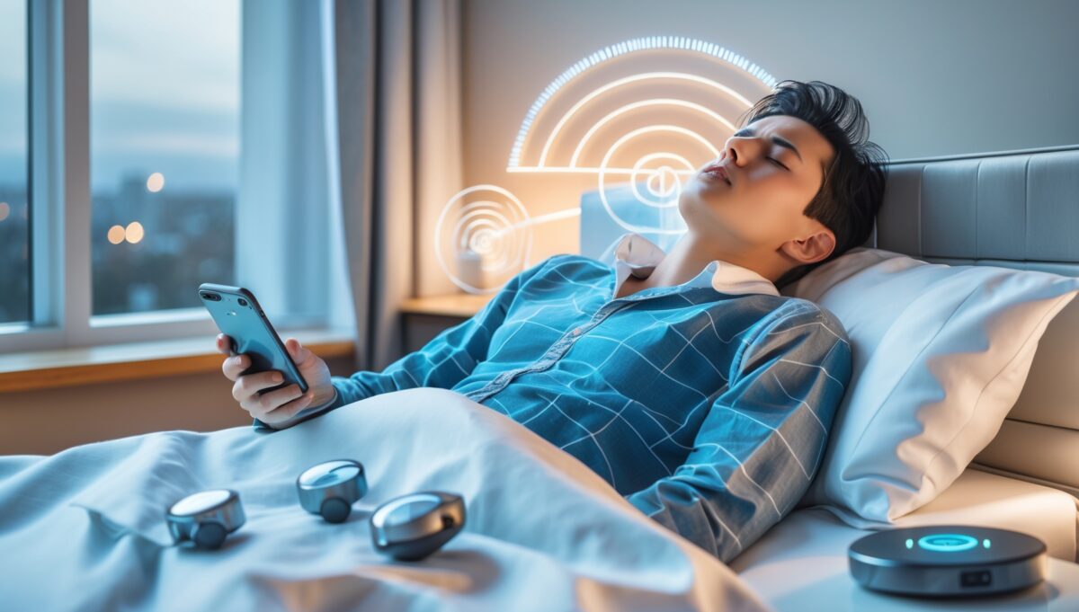 Person lying awake in bed at night with smartphone nearby showing EMF exposure in modern bedroom