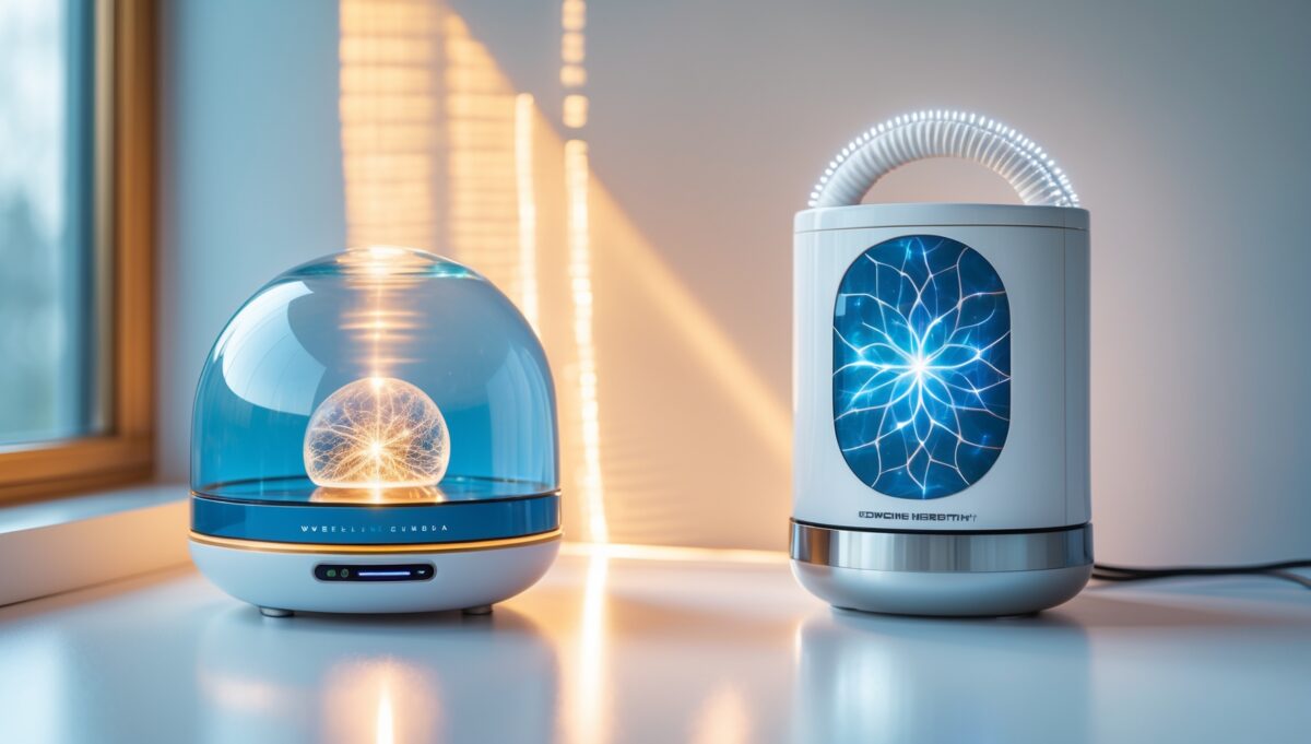 Direkter Vergleich zwischen Somavedic Medic Uran und Qi-Home Cell EMF-Schutzgeräten nebeneinander