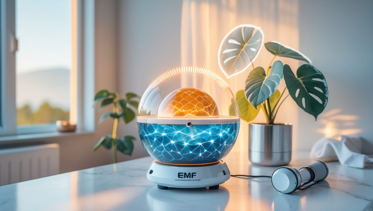 Somavedic Uran EMF harmonization device with glowing LED on marble surface in modern wellness home setting