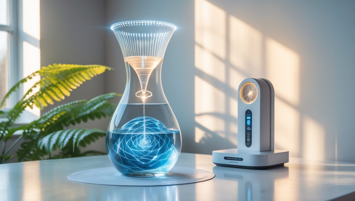 Glaskaraffe mit strukturiertem Wasser und Wirbelgerät auf weißem Hintergrund mit sanftem Tageslicht