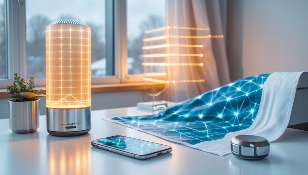 Featured Image: Gegenüberstellung von aktivem (Device) und passivem (Abschirmgewebe) EMF-Schutz in modernem Wohnraum.