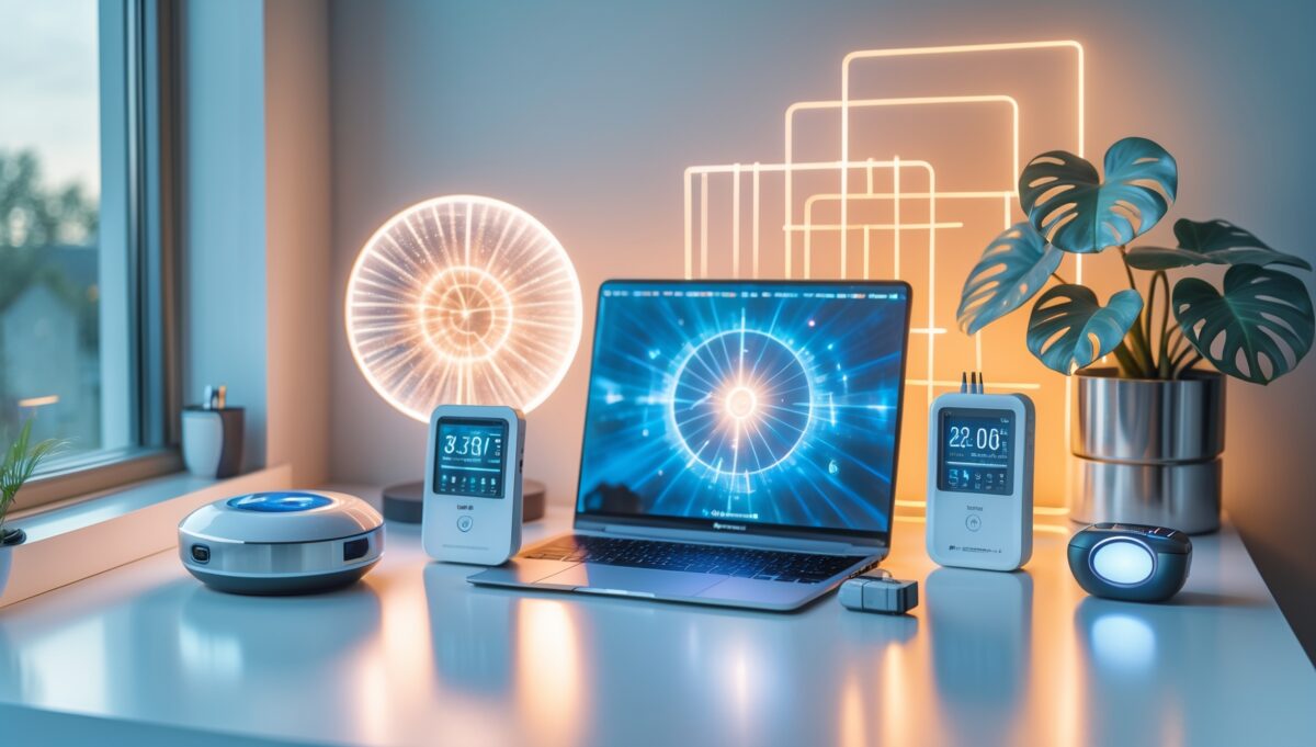 Professional EMF protection device review setup showing multiple harmonizers and testing equipment on modern desk