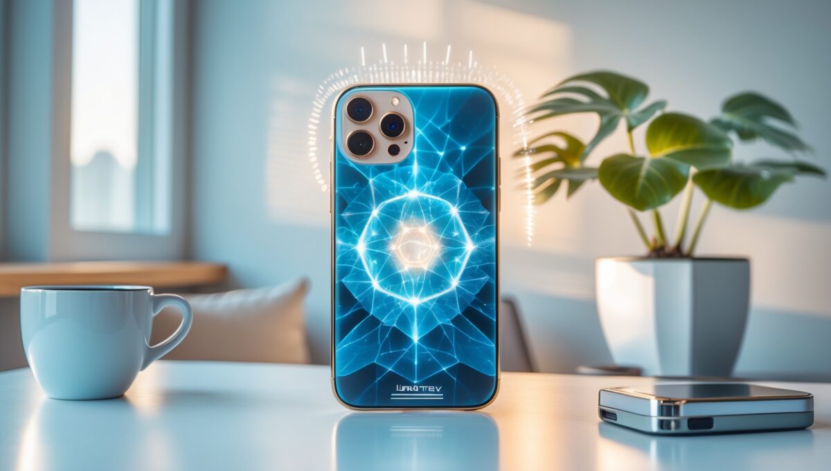 Aires Tech Lifetune device protection sticker on smartphone in modern minimalist workspace setting