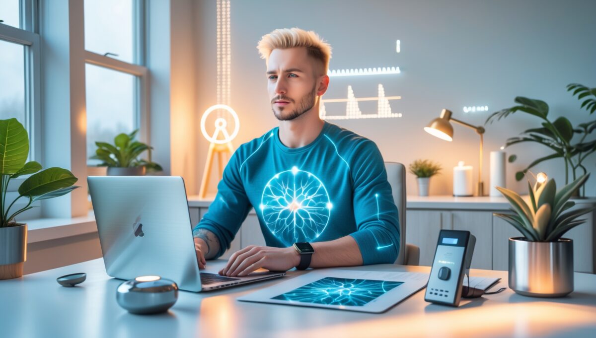 Biohacker am modernen Arbeitsplatz mit Wearables zur HRV-Messung und EMF-optimierter Umgebung