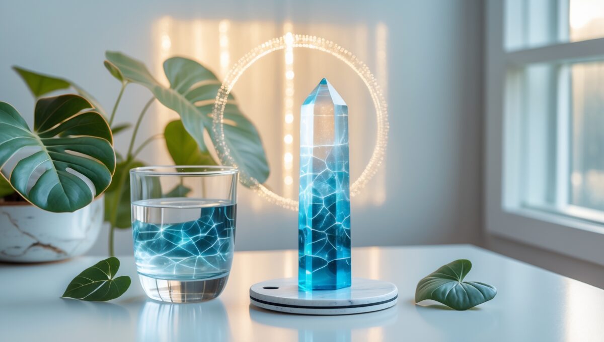 Analemma quartz crystal water structuring wand on marble surface with glass of water and green plant in bright natural light